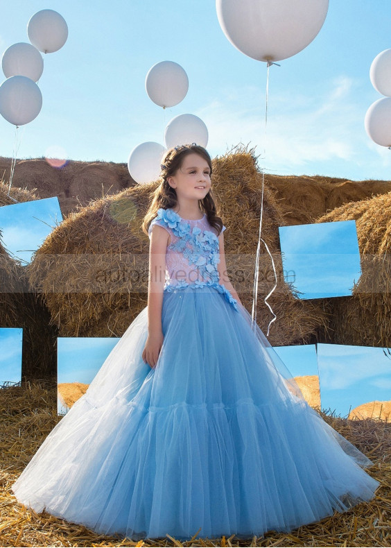 Blue Lace Tulle Buttons Back Floral Flower Girl Dress